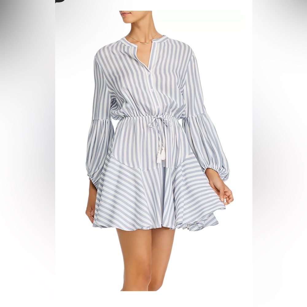 Aakaa Blue and White Striped Long Sleeve Tie-Waist Mini Dress